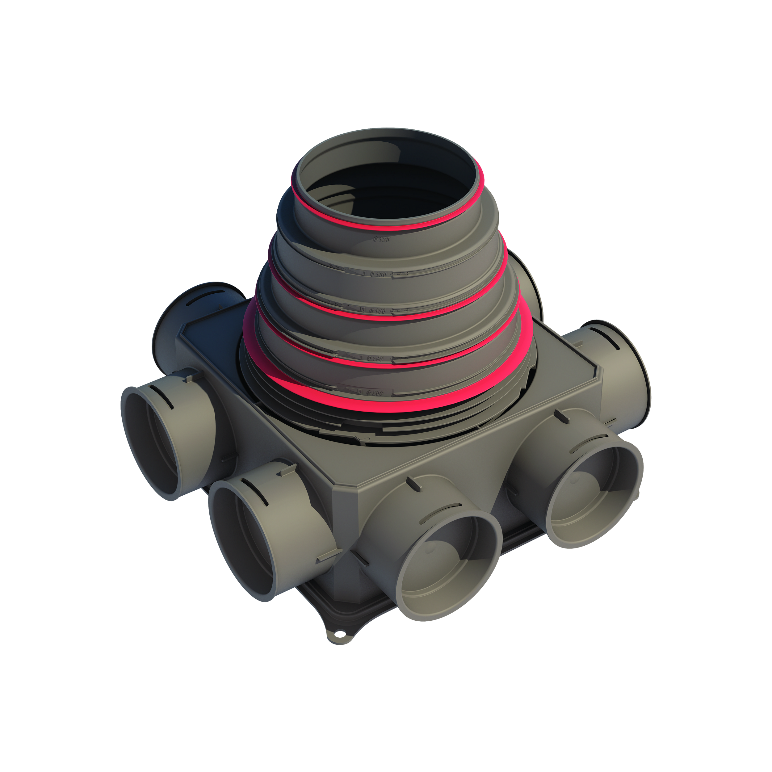 A gray Air Excellent Distribution Box DB208V125-200 with 8 connections, including a central hub and duct connections.