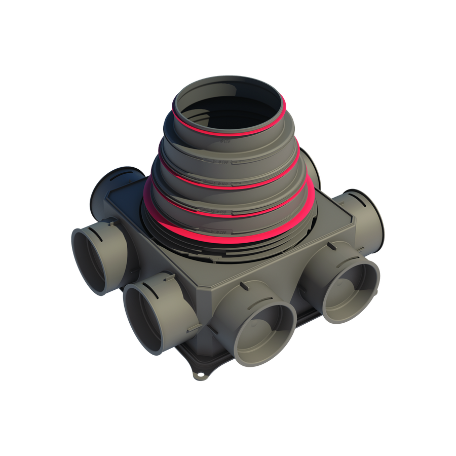 A gray Air Excellent Distribution Box DB208V125-200 with 8 connections, including a central hub and duct connections.