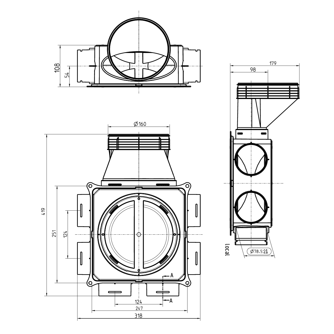 Technical drawing of a mechanical component with dimensions