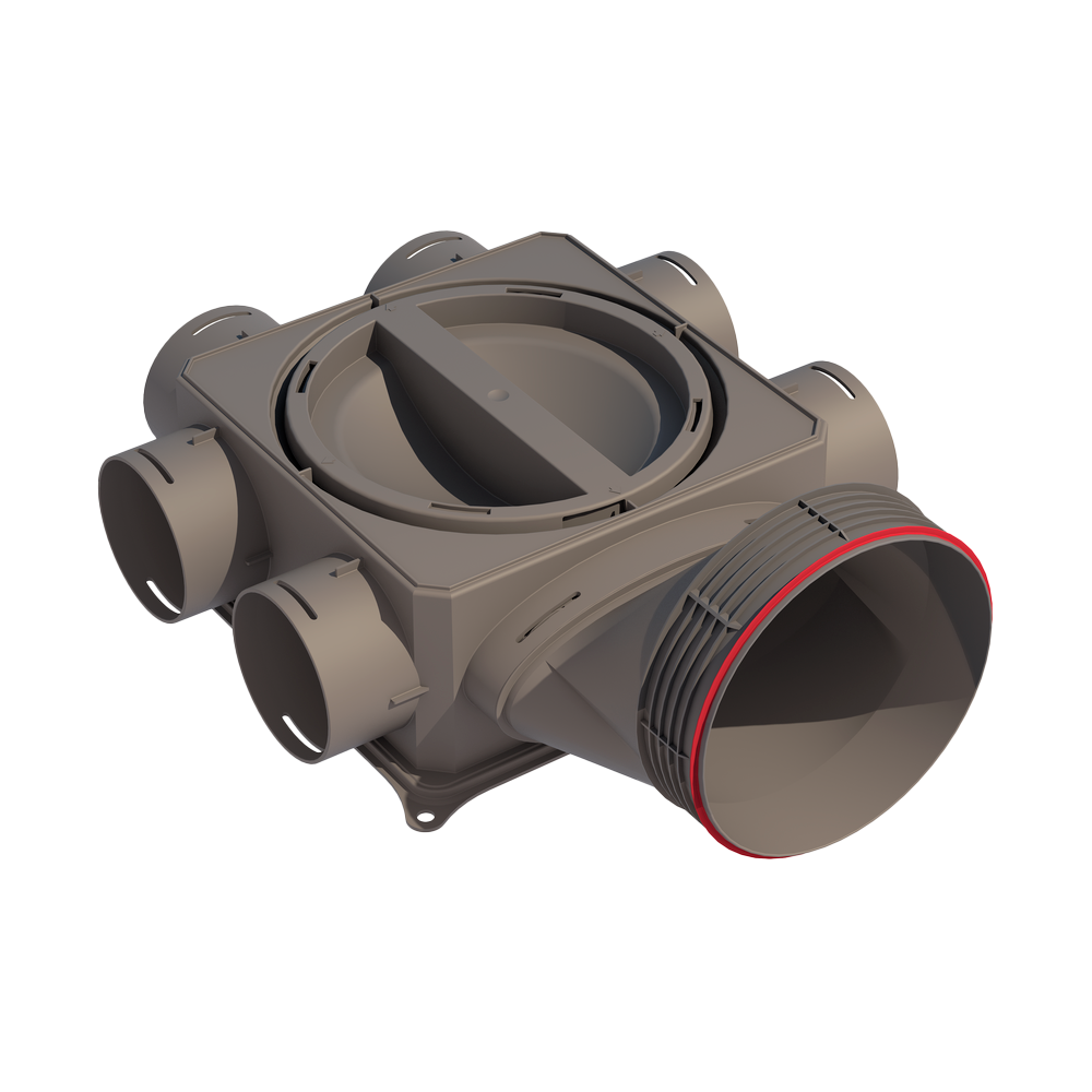 A gray Air Excellent distribution box with multiple duct connections, designed for ventilation systems.