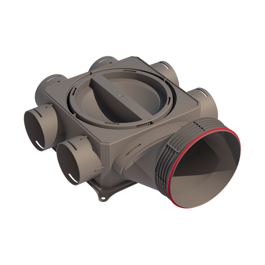 A gray Air Excellent distribution box with multiple duct connections, designed for ventilation systems.